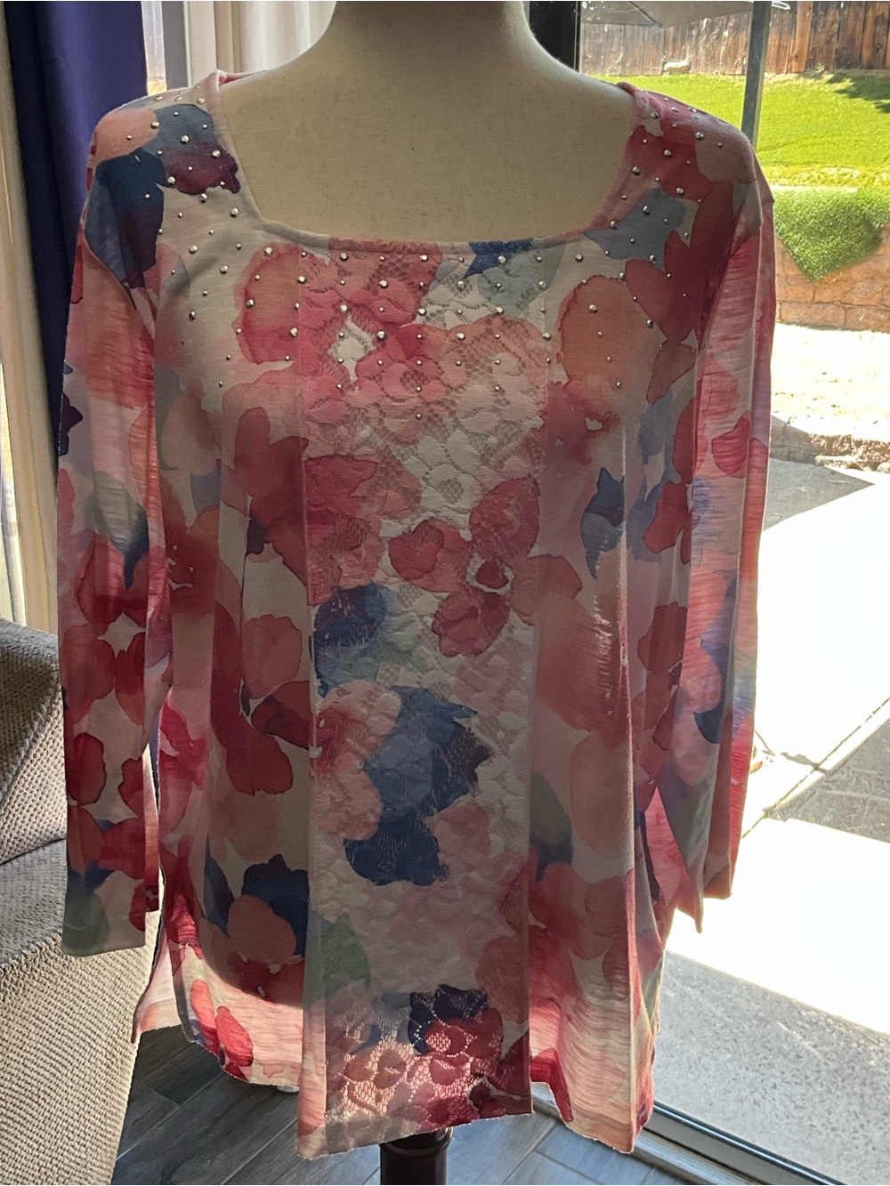 Alfred Dunner Pink and Blue Floral Lace-Panel Long Sleeve Top